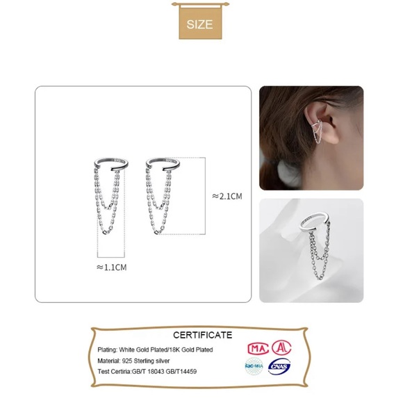925 Sterling Silver Double Chain Clip On Ear Cuff - Picture 3 of 4
